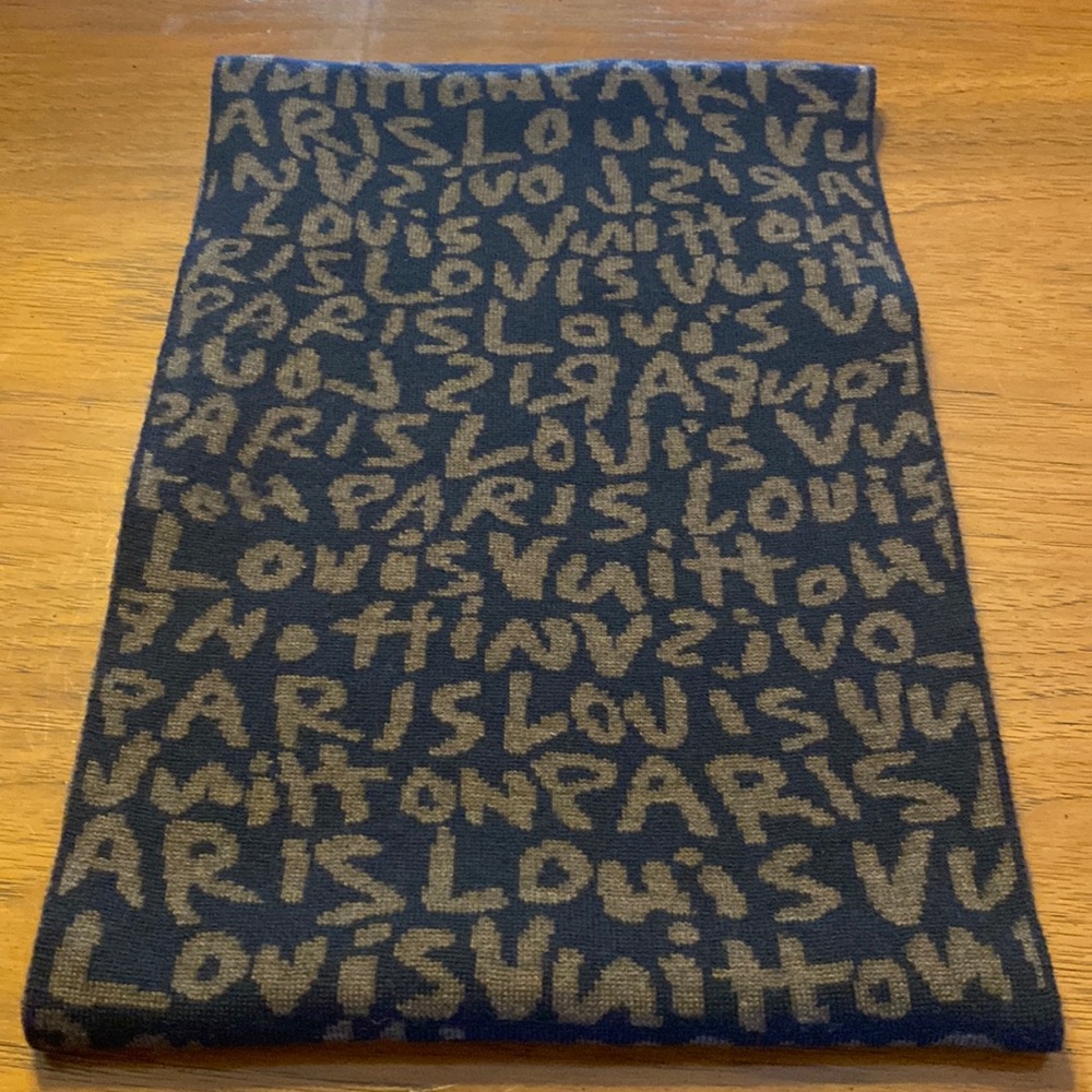 Louis Vuitton Scarf…Graffiti Logo.. Dark Navy with Brown Lettering..